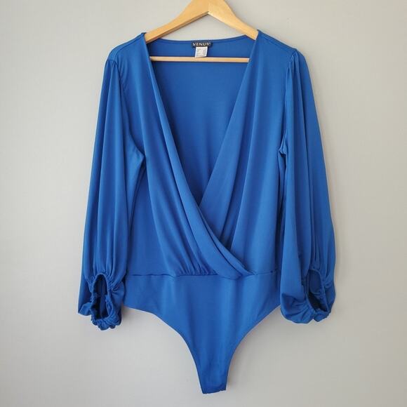 Venus Blue Deep V Neck Wrap 3/4 Sleeve One Piece Bodysuit Womens XL - Picture 1 of 6